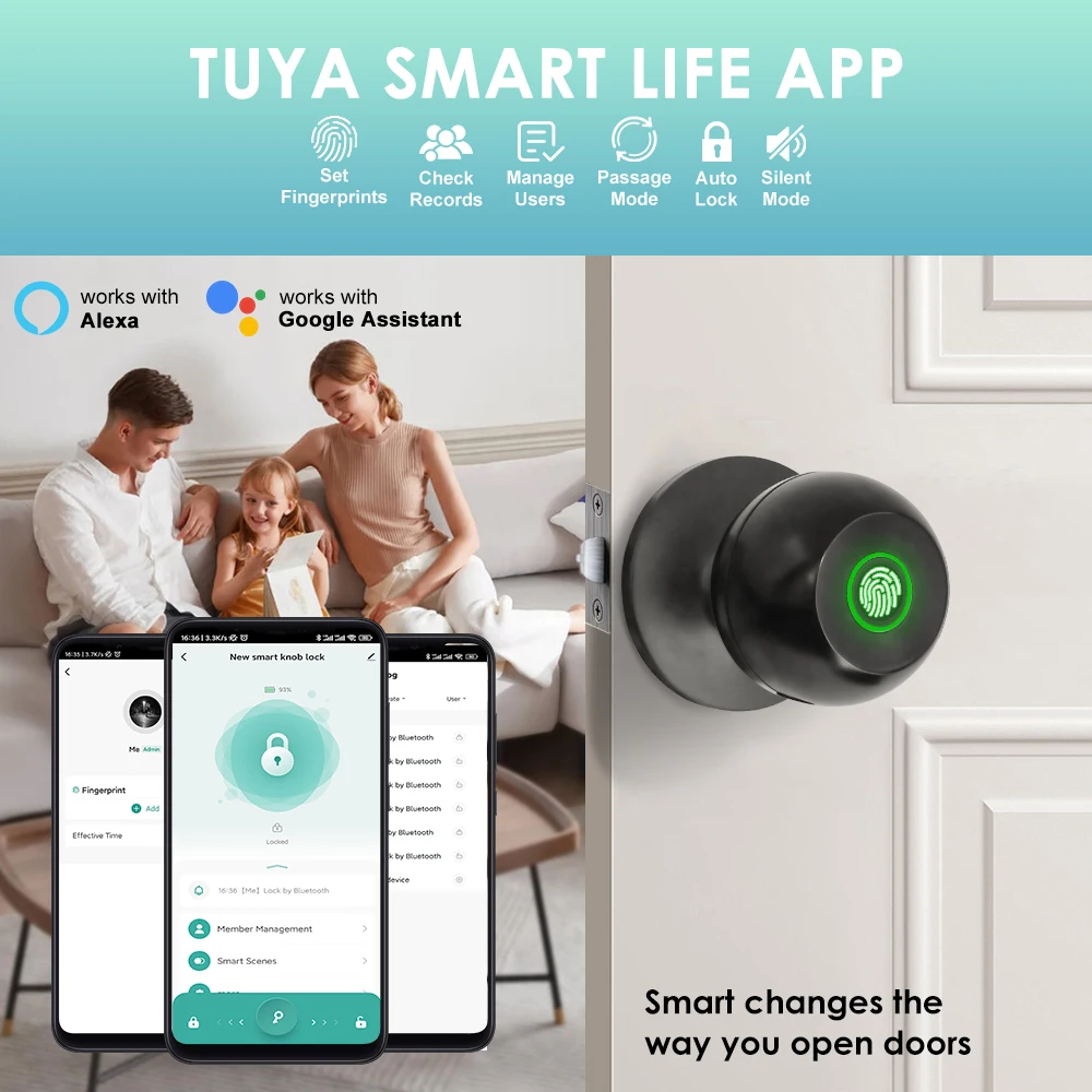 Inteligentny zamek do drzwi Tuya, wielofunkcyjny zamek do drzwi, odblokowywanie odciskiem palca / kluczem / aplikacją Smart Life, inteligentny zamek do drzwi zewnętrznych do hoteli i magazynów.