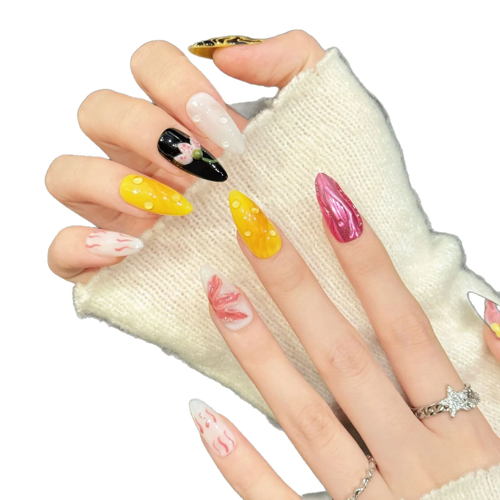 10개 수제 프레스온 네일 플로럴 골드 글리터 미디엄 아몬드 디자인 여성용 가짜 손톱 4종 도구 접착제 포함