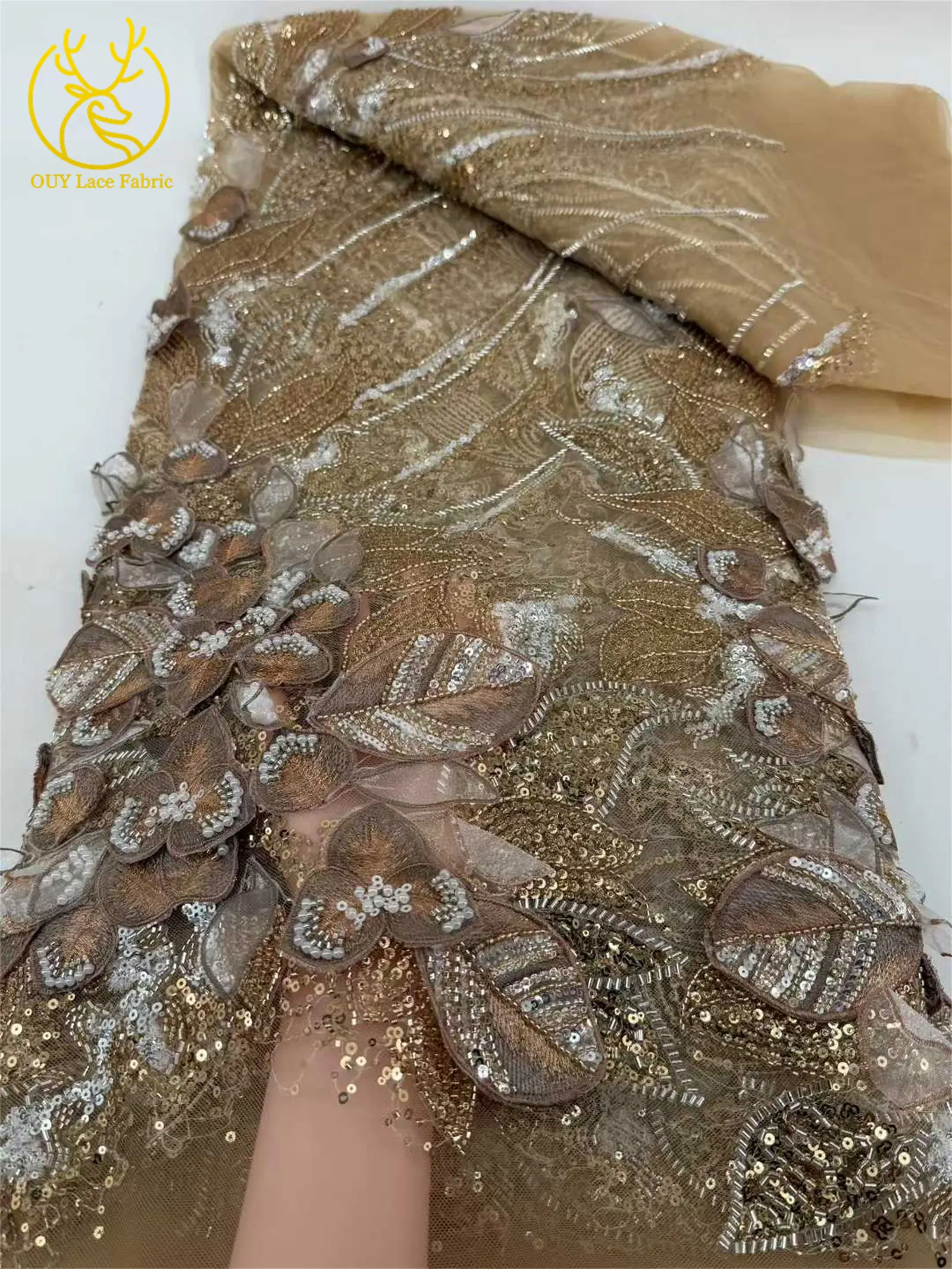 Afrikanischer 3D-bestickter Spitzenstoff 2026 Heißer Verkäufer in Nigeria Luxuriöser Pailletten-Perlen-Spitzenstoff für Damen-Partykleider 5 Jahre – Detail 11