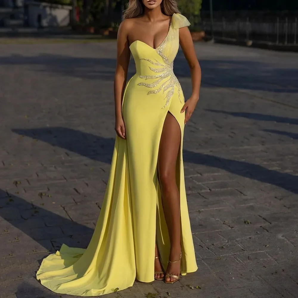 Yellow Embroidered Lace Beads Split One-Shoulder Evening Party Dress for Women Saudi Arabic Prom Formal Gown Robe De Soiree