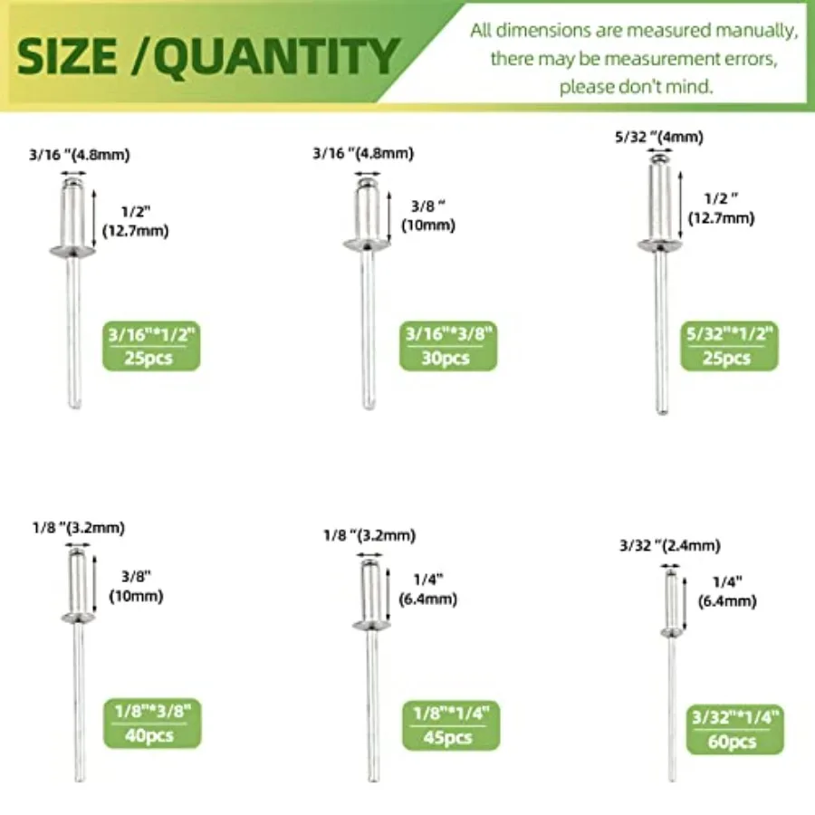 Rivettatrice manuale per carichi pesanti da 226 pezzi con kit di assortimento di rivetti ciechi in alluminio di 6 dimensioni M2.4 M3.2 M4 M4.8 Rivetti pop tono argento e