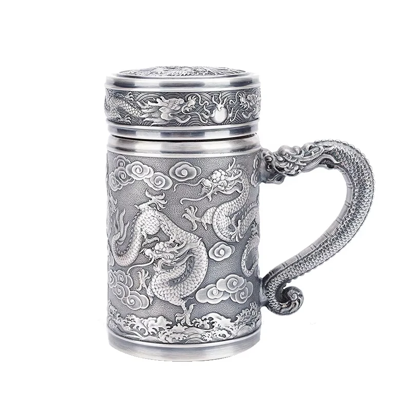 S999 Sterling Silver Kowloon Cup with Handle And Foot Office Tea Water Cup Gift Silver Cup for Business