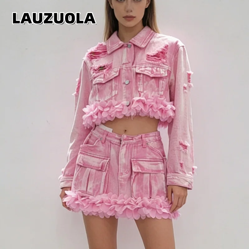 Women's Pink 3D Flower Denim Two Piece Set Distressed Ripped Crop Jacket + Cargo Mini Skirt 2026 New Streetwear Matching Outfits