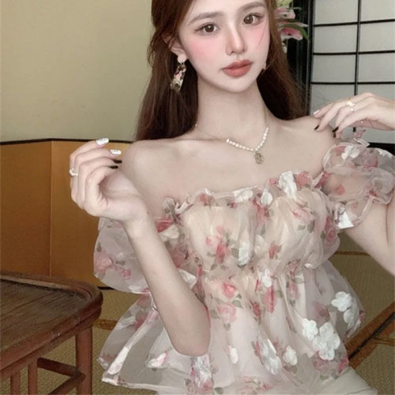 

Princess Style One Shoulder Bubble Sleeve Floral Chiffon Top Women's Summer New Style Cover Belly Unique Personality Clothes