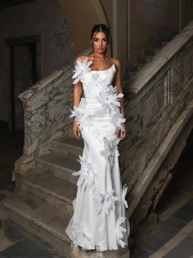 Customized Graceful Charming Temperament Luxury White Wedding Dresses Exquisite Handmade Feather Long Mermaid Bridal Gown
