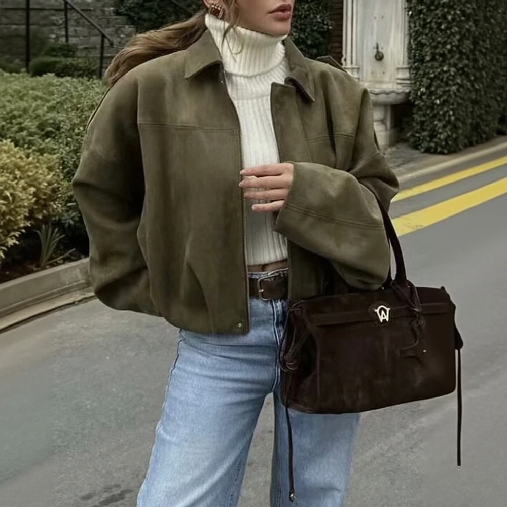 

Women's Chic Minimalist Solid Color Long Sleeve Jacket with Zipper Lapel Versatile Stylish Daily Basic