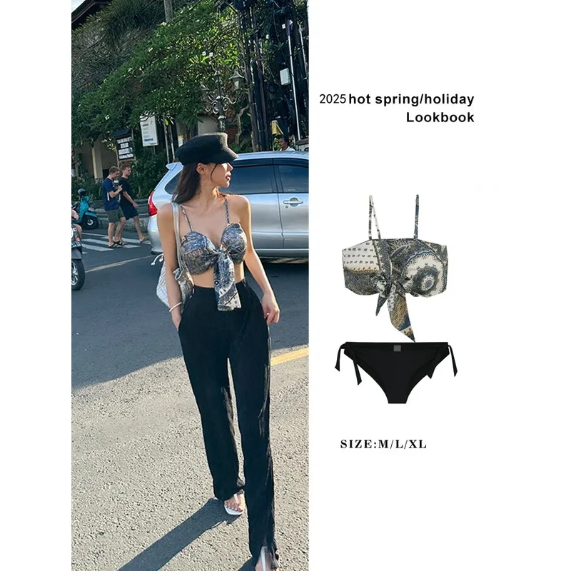 2025 Swimwear Women Sexy Triangle Bikini Set Solid Beachwear Summer Swimsuit Two-pieces Stitching Chain Bathing Suit Bikini New