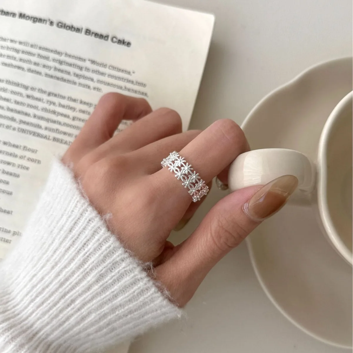 

925 Sterling Silver Rings For Women Simple Vintage Handmade Adjustable Finger Mini Flower Ring Fashion Band Female Bijoux Gift