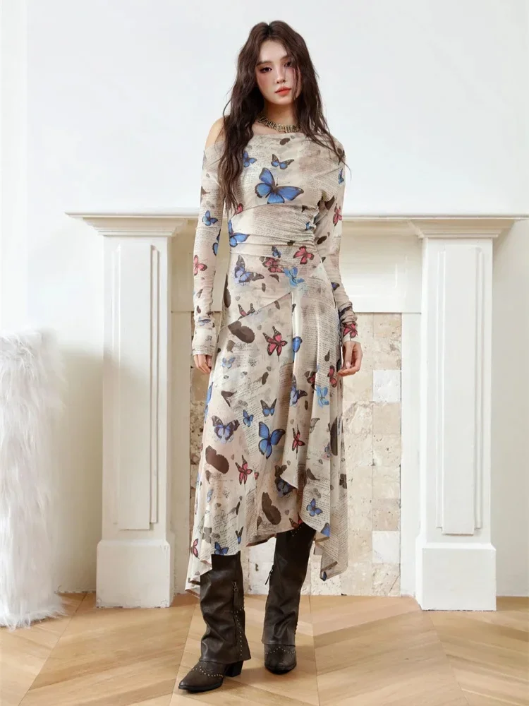 

Butterfly Letter Print Off The Shoulder Mesh Long Dress Women 2023 A Line Long Sleeve Bodycon Midi Dress Autumn