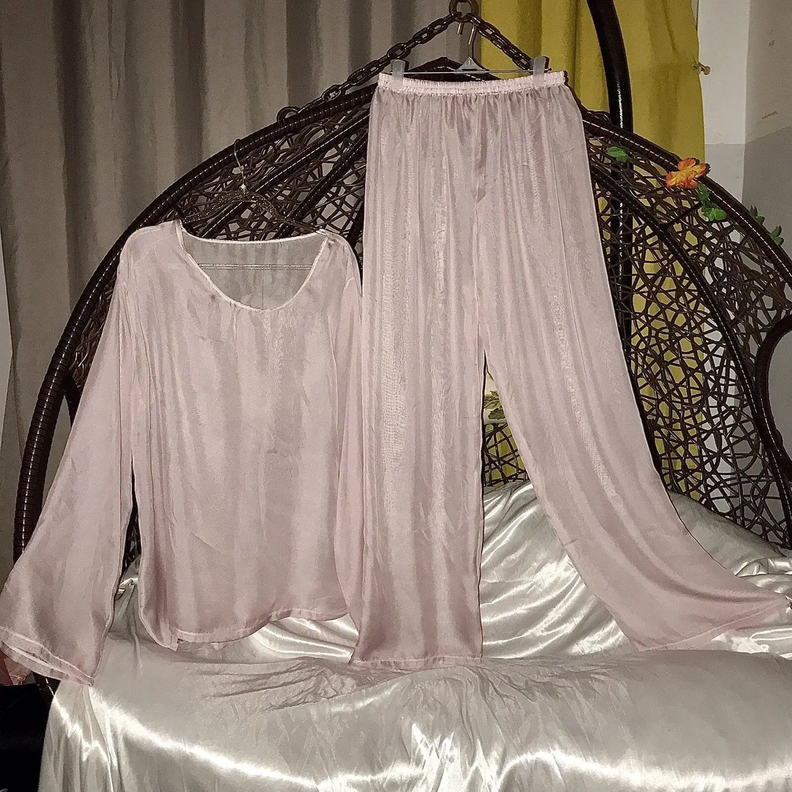 طقم مكون من قطعتين من شبكة تول لامعة للجنسين بأكمام طويلة وسراويل نوم سفلية #6