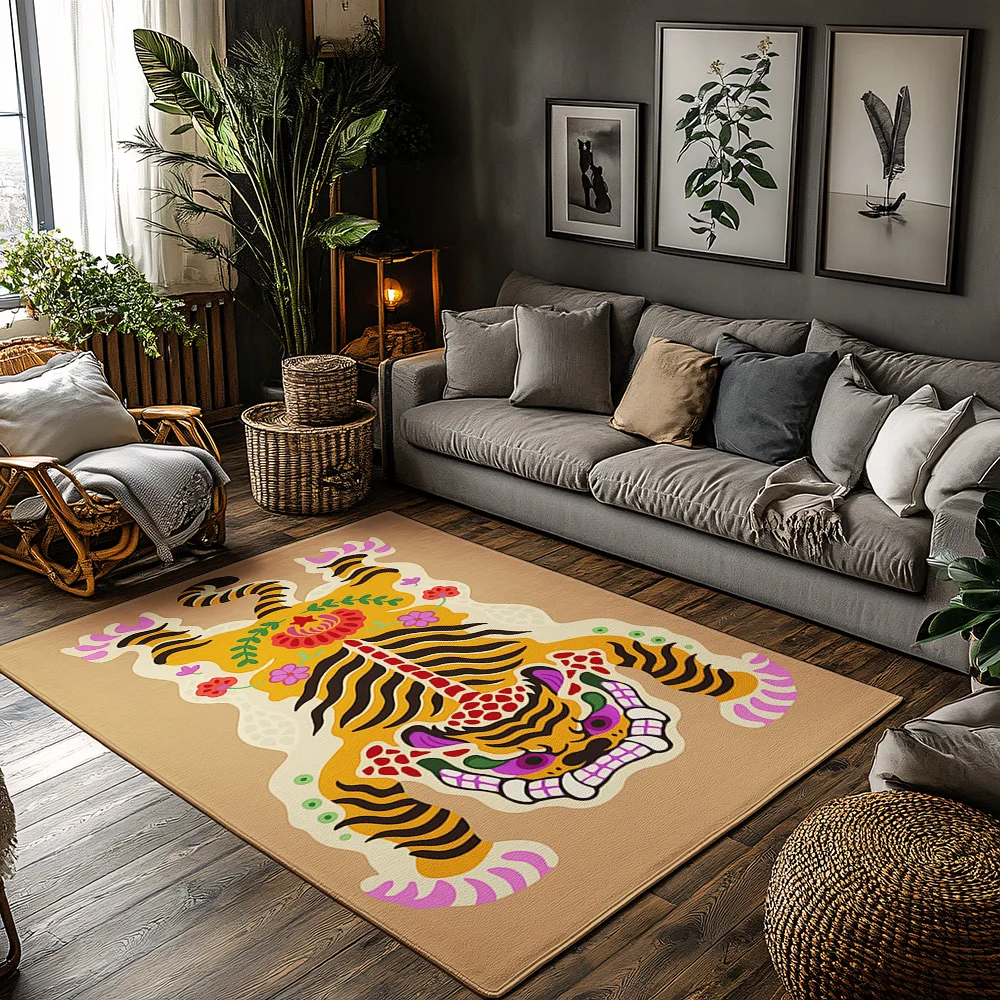 

Vibrant Tiger Print Area Rug, Multicolor Bohemian Carpet with Wild Pattern, Plush Non-Slip Living Room Mat for Bold Home Decor