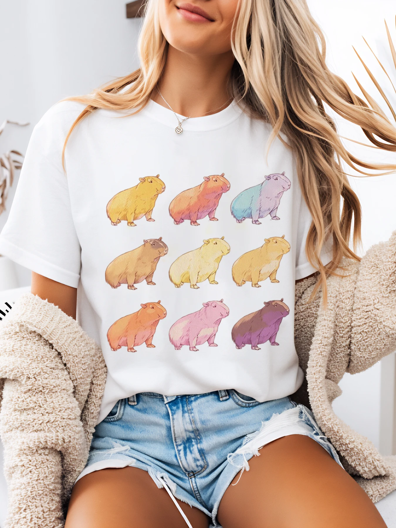 Kolorowa koszulka damska z nadrukiem hipopotamów, letnia, codzienna, biała, plus size