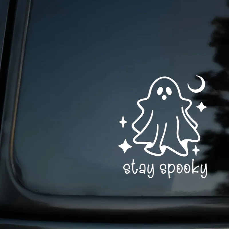 ملصق فينيل من Spooky Ghost: ملصق هالوين ذاتي اللصق، شبه غير لامع للسيارة والكمبيوتر المحمول وزجاجة مياه - استخدام فردي، شكل غير منتظم