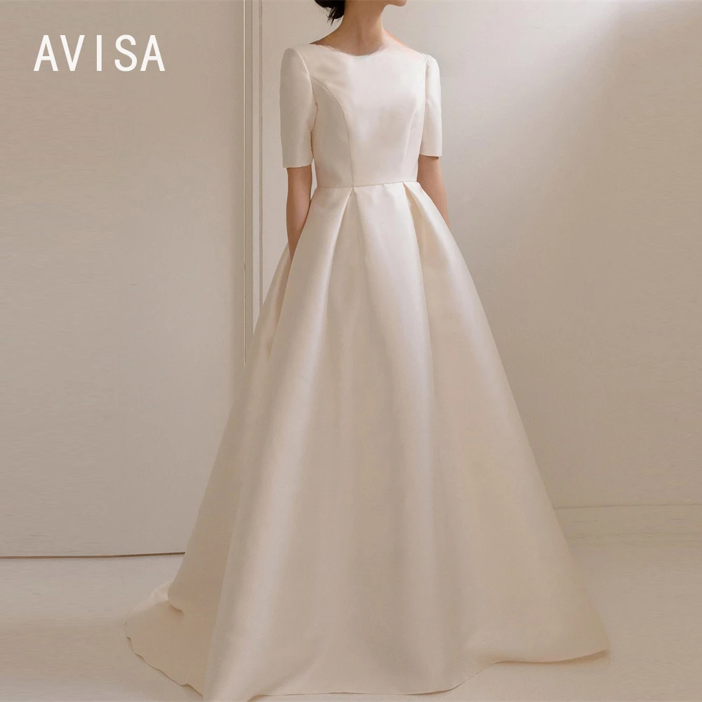 Simple A Line Satin Korea Style Wedding Dress Half Sleeves 2024 Scoop Floor Length Bridal Gowns Vintage vestido de noiva