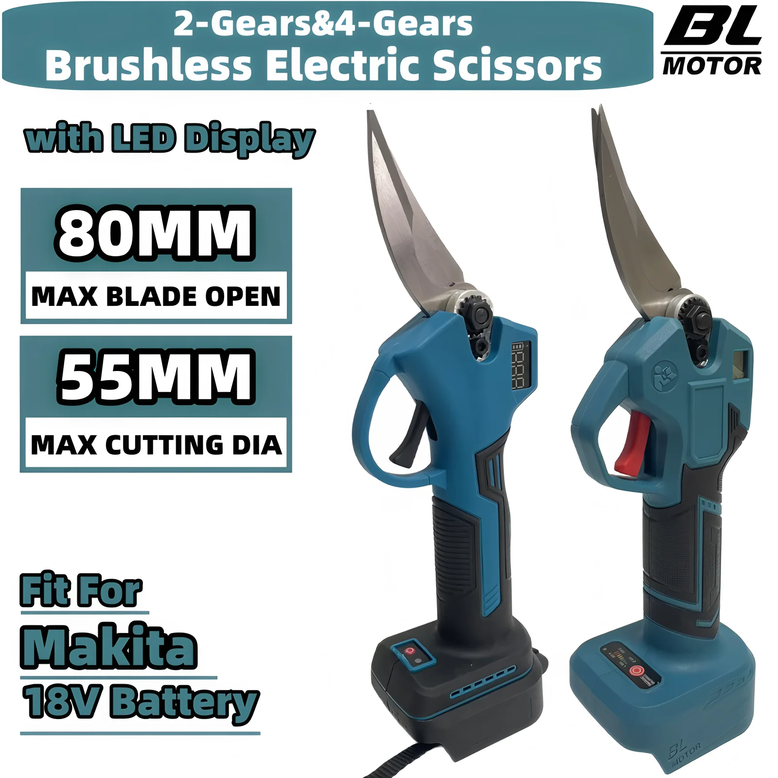 55MM Brushless Electric Scissors Cordless Pruning Shears Electric Branches Cutter Digital Display Tools For Makita 18V Battery