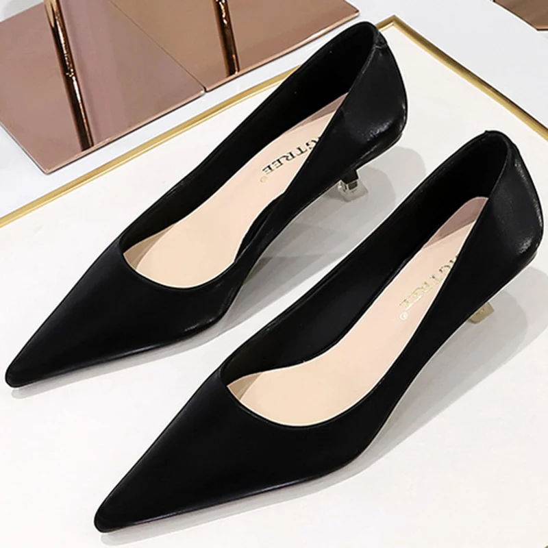 New Big Size Women\'s Boat Shoes Leather 4.5cm High Heels Pointed Toe Pumps Stilettos Basic Pump For Female White Black Wine Red