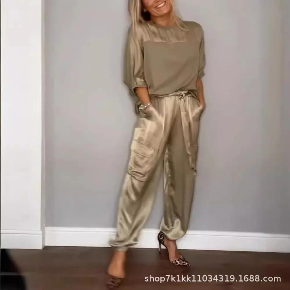 Europe and The United States Ladies Fashion Loose Smooth Satin Round Neck Half-sleeve Jacket + Loose Girdle Pants Two Piece Set