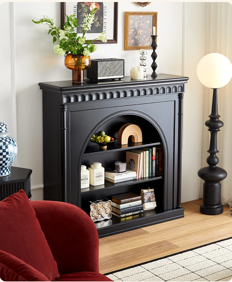 

French Solid Wood Fireplace Black Curio Cabinet Living Room Retro Style Storage Stand Hallway Side Cabinet