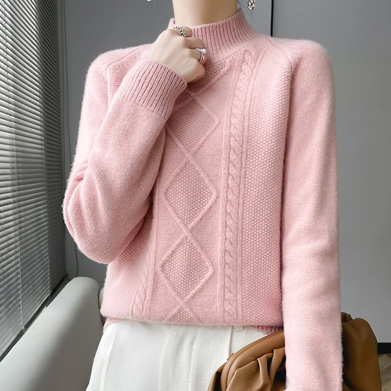 Diamond shape Autumn/Winter new 100% Merino wool pullover Cashmere sweater Women's half turtleneck pullover warm bottomknitshirt