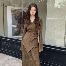 SuperAen Korean Design V Neck Pleated Cardigan Shirt Loose High Waist Skirt Slim Autumn Two Pieces Sets