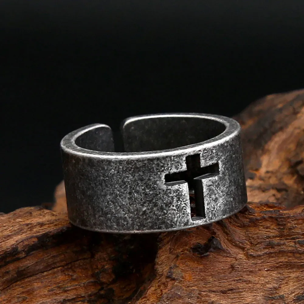 Retro Simple Hollow Cross Stainless Steel Open Ring Distressed Textured Wide Band Ring Unisex Party Stylish Accessory Gift