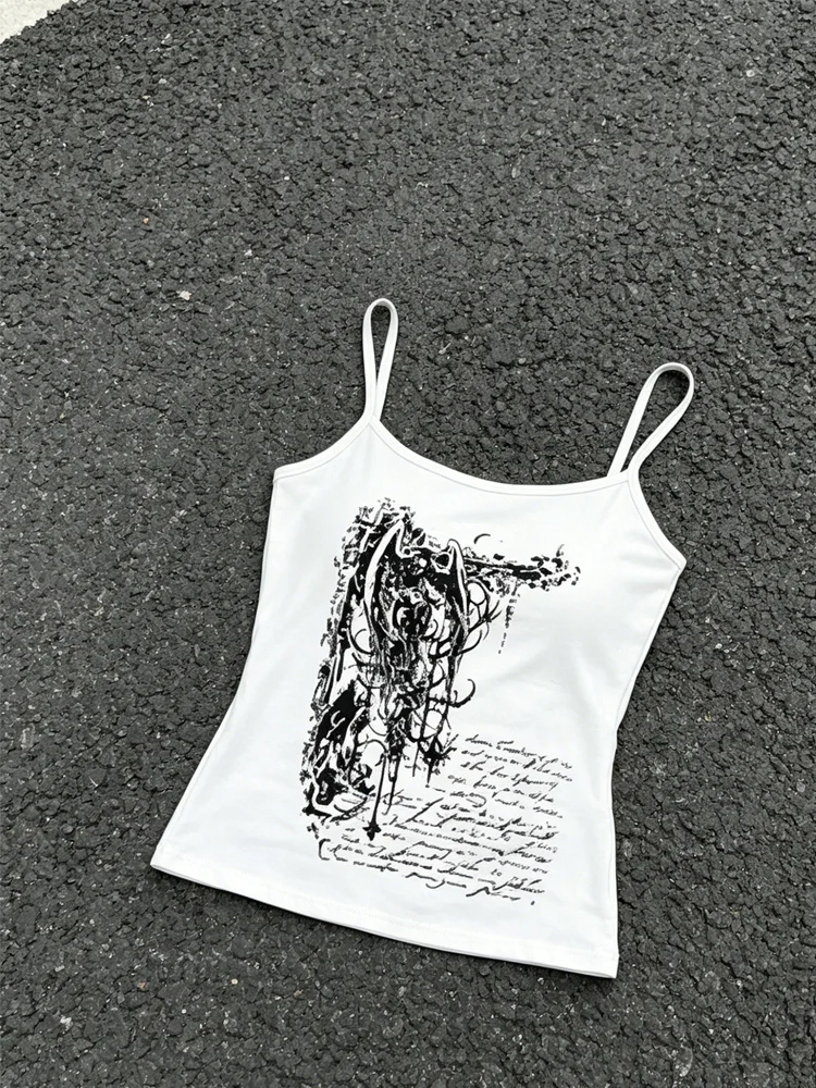 Top de corte feminino Y2K estampa de fonte gótica grunge alça de espaguete slim fit top sem mangas moda streetwear verão casual diariamente
