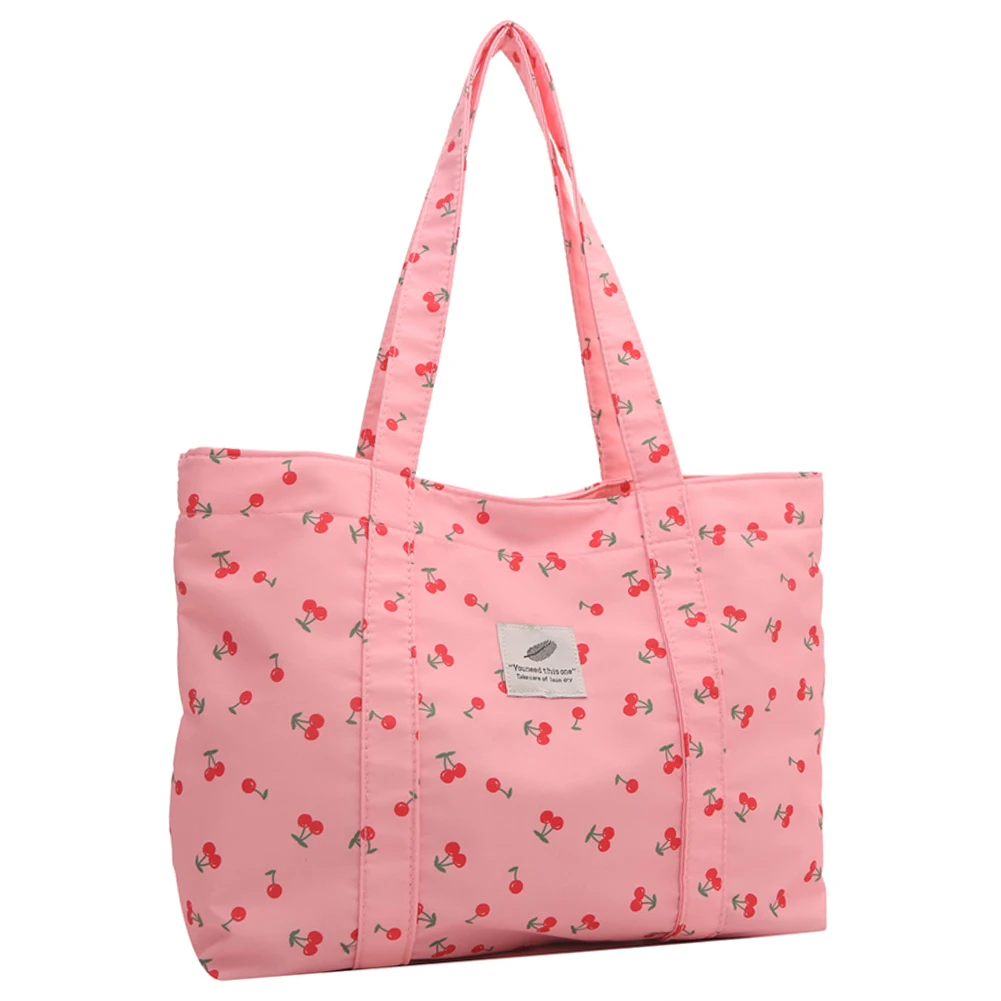 

Cute Cherry Strawberry Print Aesthetic Handbag Large Capacity Satchel Purse Nylon Shoulder Purse Grocery Bag for Women