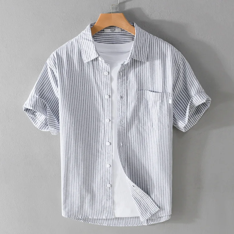 

Japanese Style Striped Short Sleeve Cotton Shirt Men's Summer Breathable Casual Loose Comfortable Artistic Pure Cotton ...