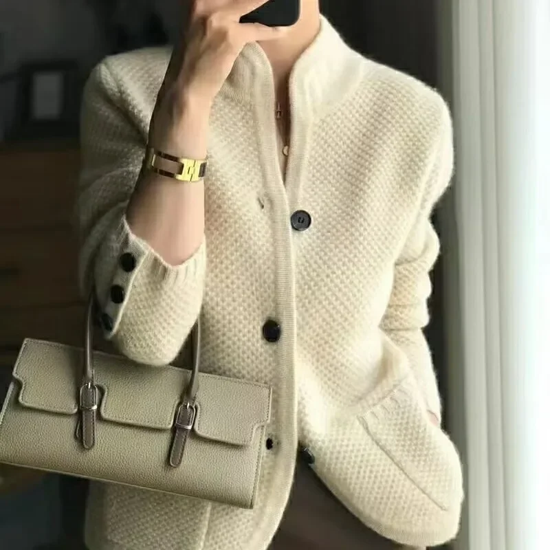 

Autumn and Winter Women's Solid Round Neck Long Sleeve Breasted Slim Knitted Cardigan Fashion Casual Formal Commuter Tops F418