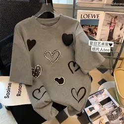 Summer Cotton T Shirt Women New The Heart Inlaid Diamond Designer Luxury Clothes Short Sleeved Oversized Tops Graphic T Shirts