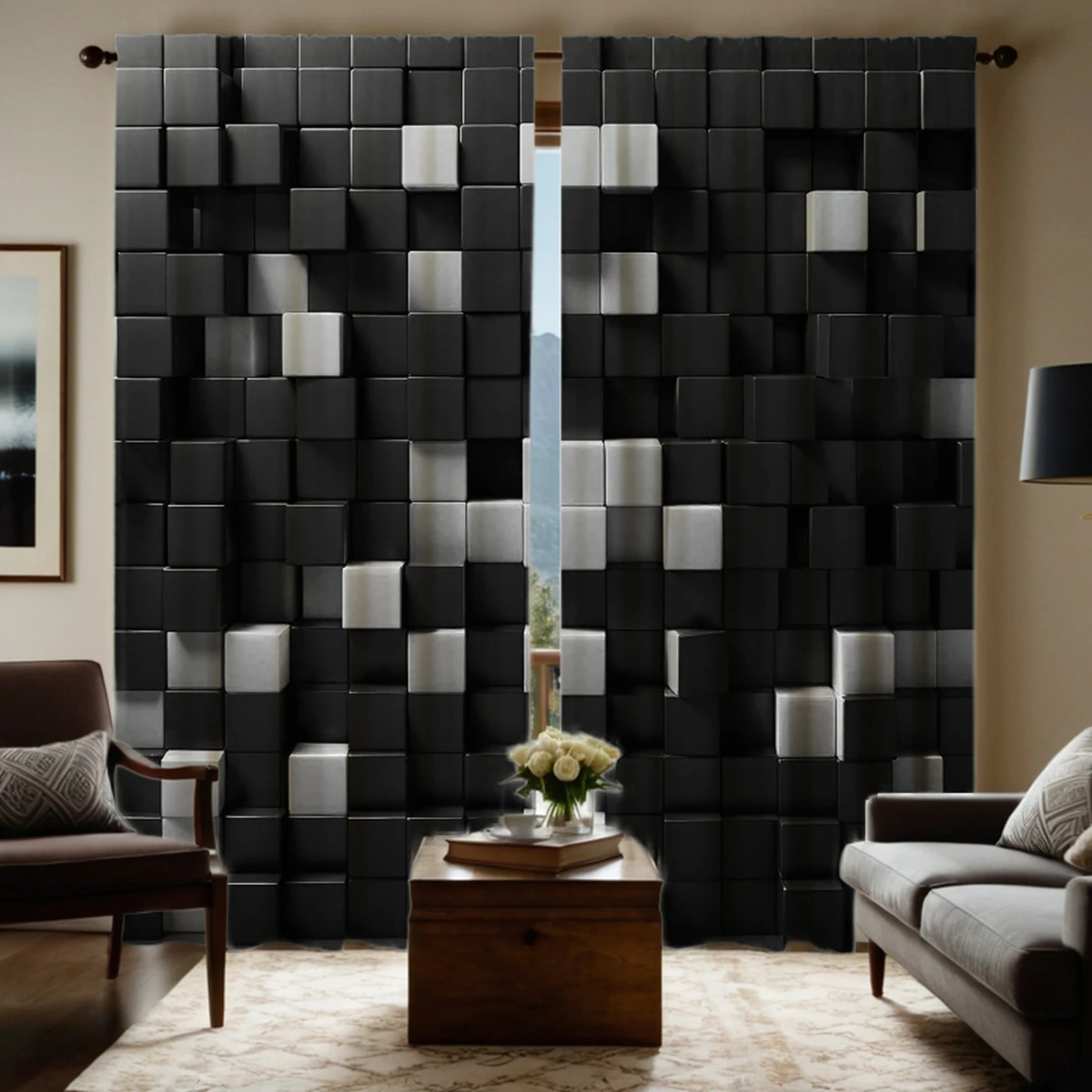 2 pieces of HD digital black and white stereo wood block curtain home decoration style decoration living room bedroom rod curtai