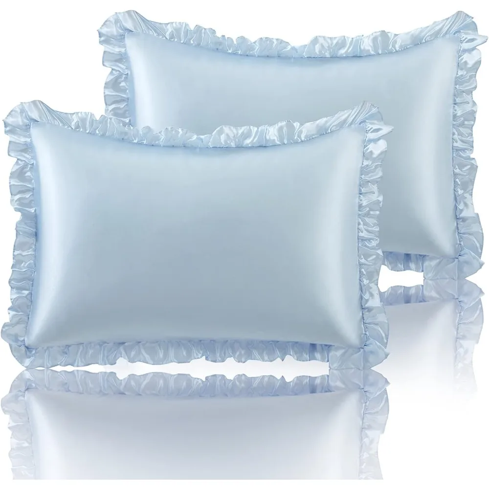 

Ruffled Standard Satin Pillowcase Set of 2, Baby Blue Silky Satin Pillow Cases for Women Ruffle Pillow Shams Covers P
