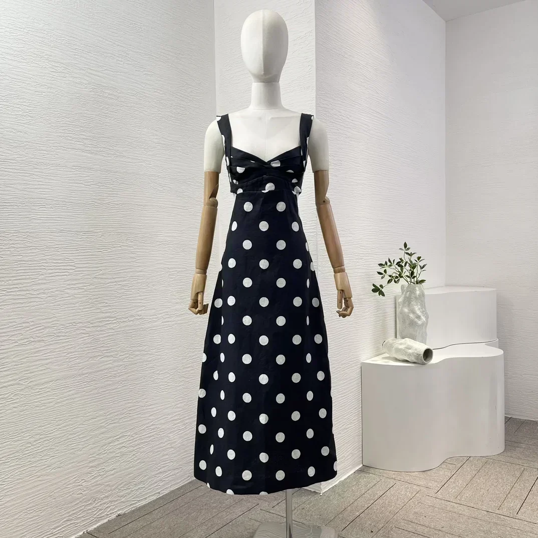 

Black Linen 2024 New Classic White Dot Print Sweetheart Neck Cut Out Sleeveless Backless Women Tube Midi Dress