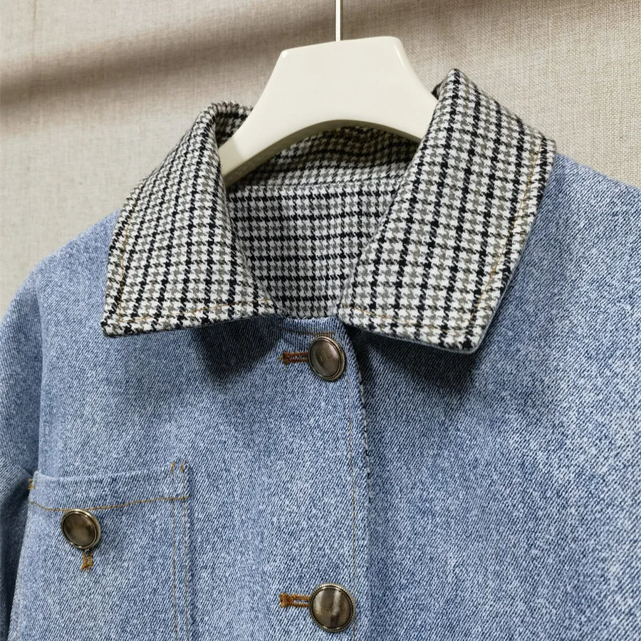 【Darmowy Prezent】 Kurtka jeansowa damska w kratę w stylu retro na wczesną jesień 2025, styl uniwersytecki, luźny krój, bluzka z długim rękawem