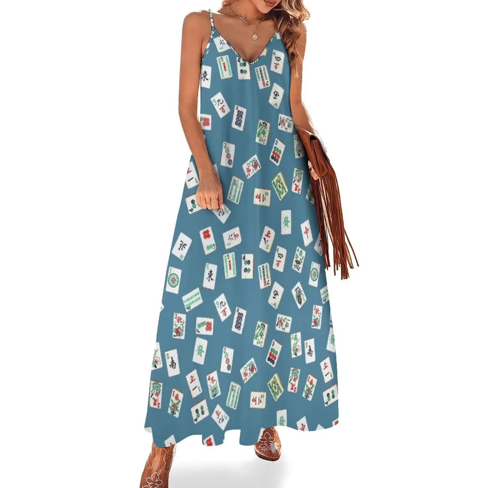 

mah jongg tiles blue Sleeveless Dress Bride dresses women clothes dress women summer Dress