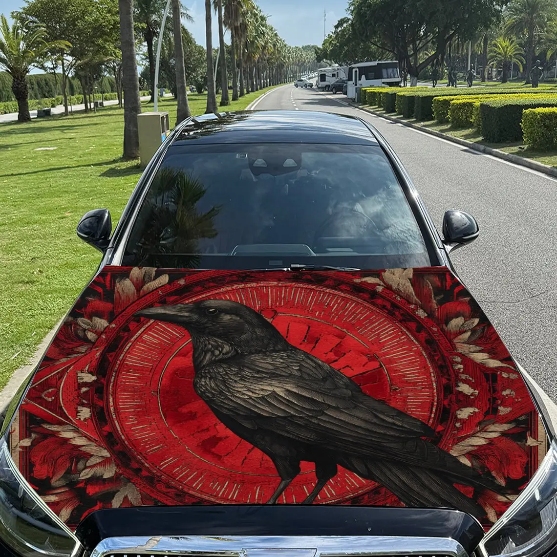 Car Decals Raven with a Striking, Red - Dominant Artistic Design, Showcasing a Dynamic and Eye - Catching Presence Car Hood Stic