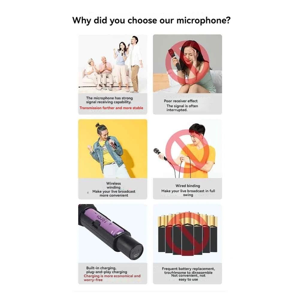 ميكروفون لاسلكي نظام ميكروفون ديناميكي معدني مع جهاز استقبال قابل لإعادة الشحن لحفلات الكاريوكي والغناء