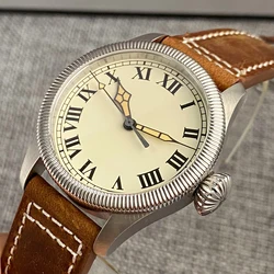 Tandorio 39mm Dress 20ATM Dive Automatic Watch Men Pilot Cream Dial NH35A PT5000 Sapphire Luminous Leather Band Big Onion Crown