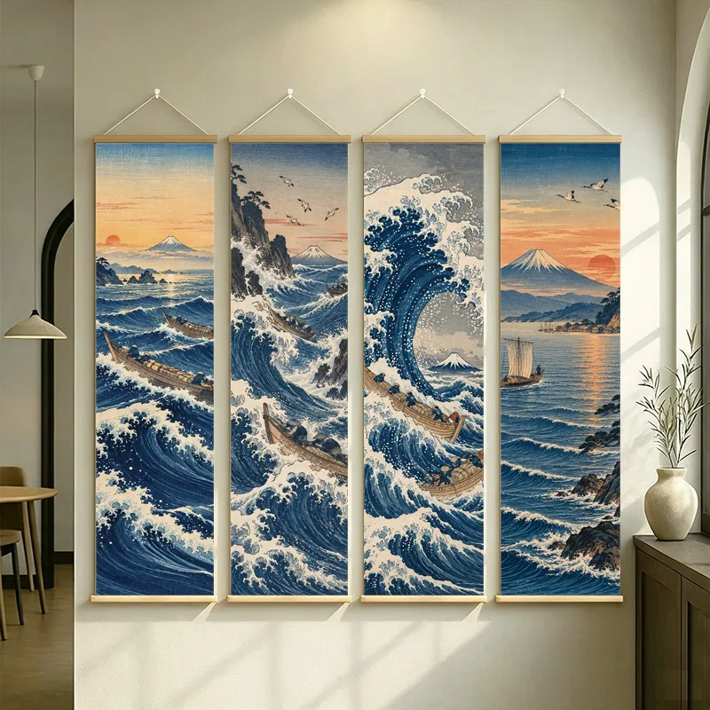 Japanese Wave Wall Art with Mount Fuji, Curling Ocean Waves and Sunrise on Silver Shimmer Canvas for Breezy Coastal Decor