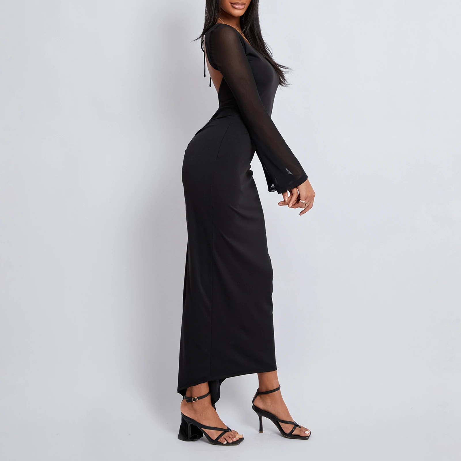 Women's Boydon Long Dress Long Sleeve Open Back Solid Color Ruched Dress Party Gown