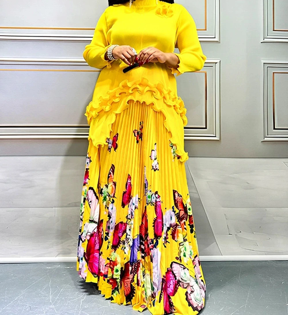 

Pleated dress for women in summer, high-end, slightly plump, mature style, waist-hugging printed pleated skirt-GZXX982