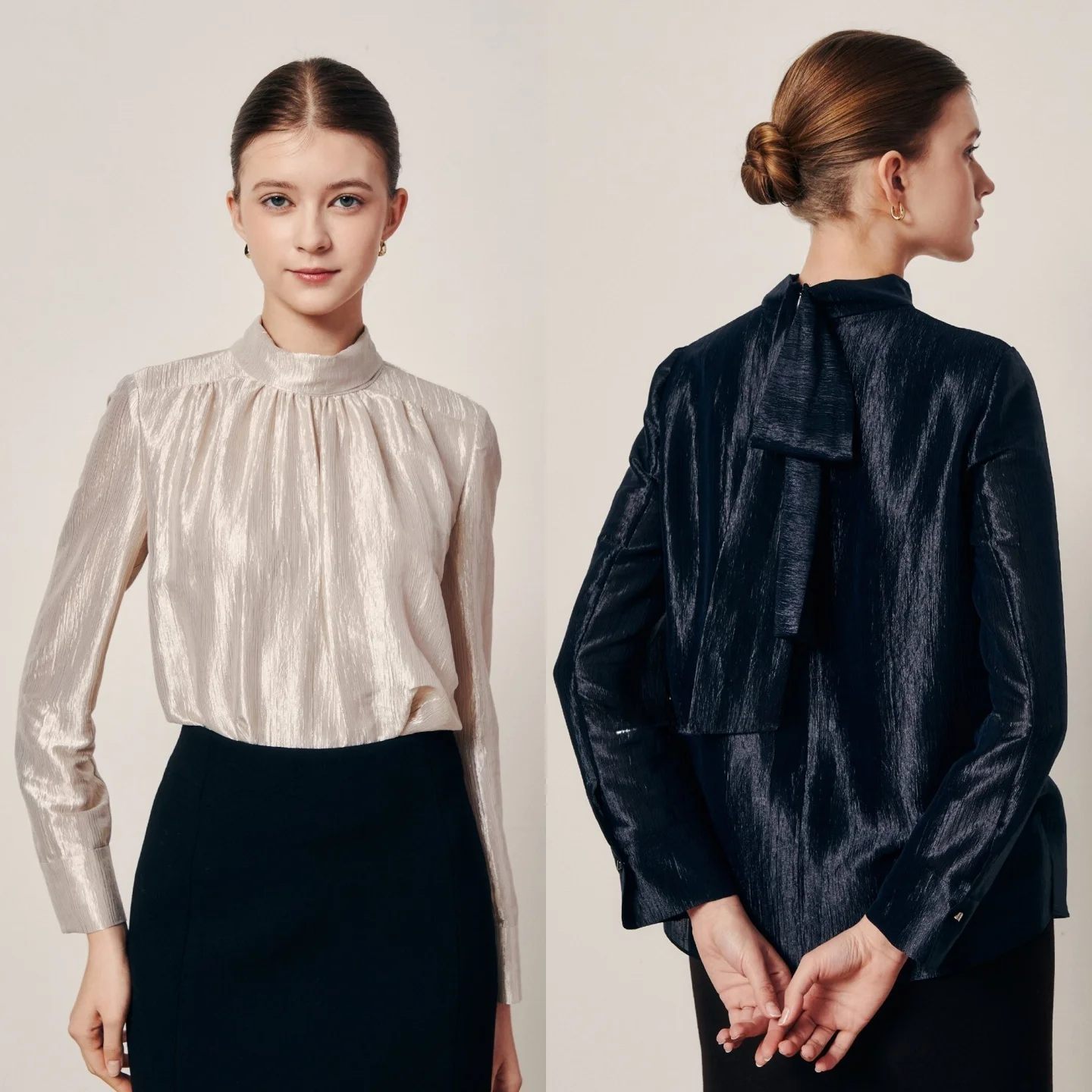 

Элегантная блузка с жемчужным блеском и воротником-стойкой, с декоративной лентой, универсальная, стройнящая, в корейском стиле, длинная