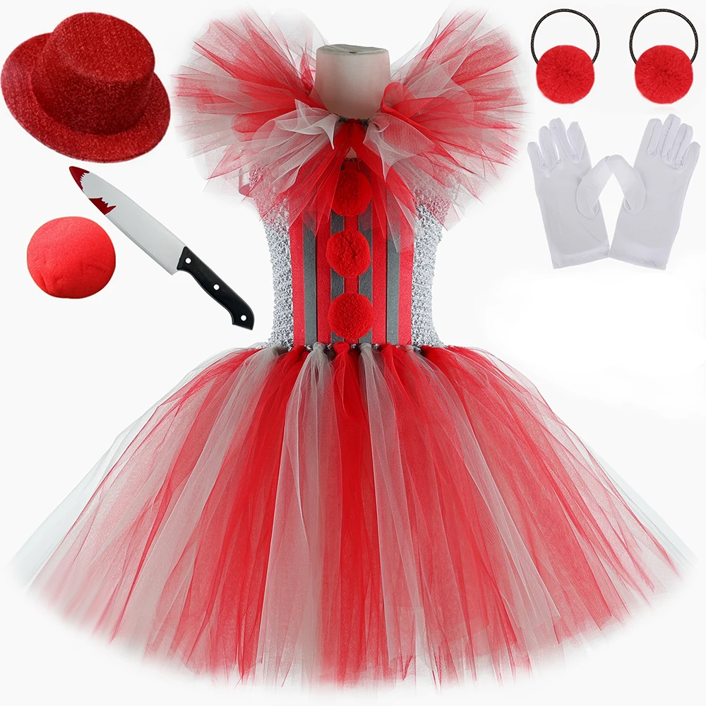 

Girls It Clown Pennywise Costume Gray Red Tutu Dress Kids Halloween Creepy Clown Costumes Girl Carnival Party Dress Up Clothes