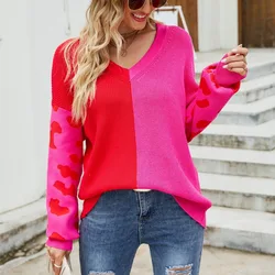 Autumn and Winter Women's Pullover Round Neck Long Sleeve Solid Color Contrast Leopard V-neck Fashion Sweater Commuter Tops