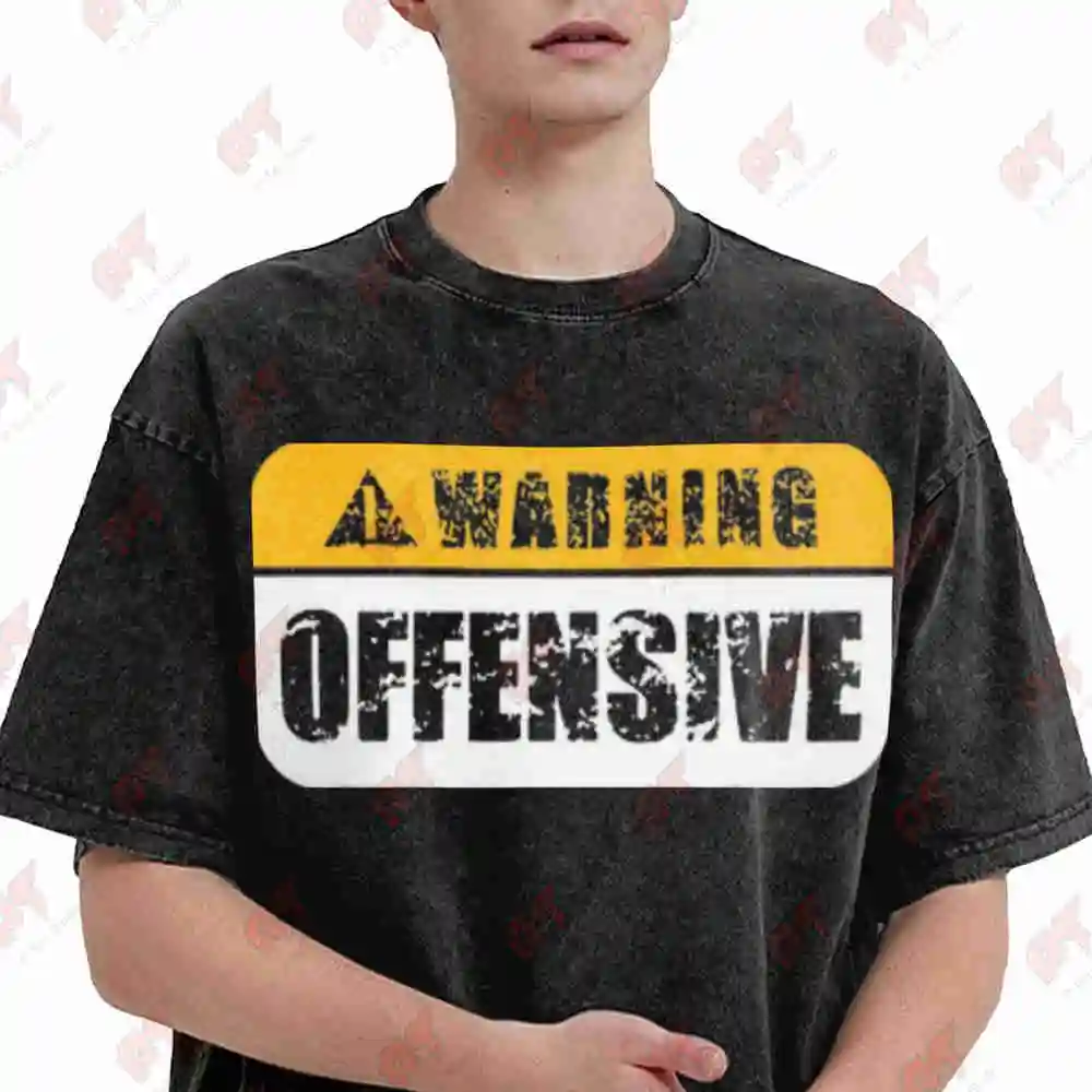 Warning Offensive Sign Funny Joke Distressed Vintage Washed Tee Pure Cotton T-Shirt