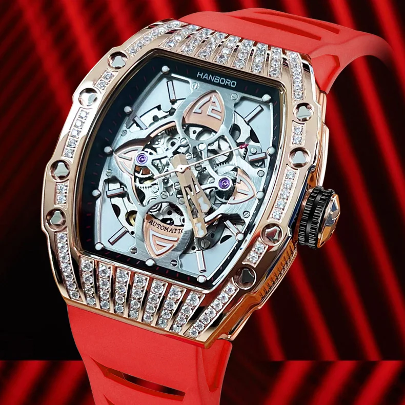 HANBORO ساعات أوتوماتيكية للرجال ساعة فاخرة ساعة يد ميكانيكية مضيئة مقاومة للماء حافظة تونيو هيكل عظمي كريستال