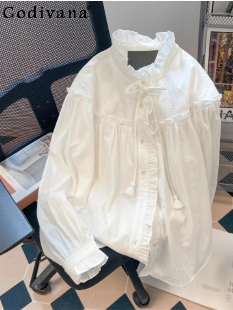 

French Chic Ruffles Lace-up White Long Sleeve Bottoming Shirt Girl Spring Autumn Loose Court Retro Versatile Stand-up Collar Top