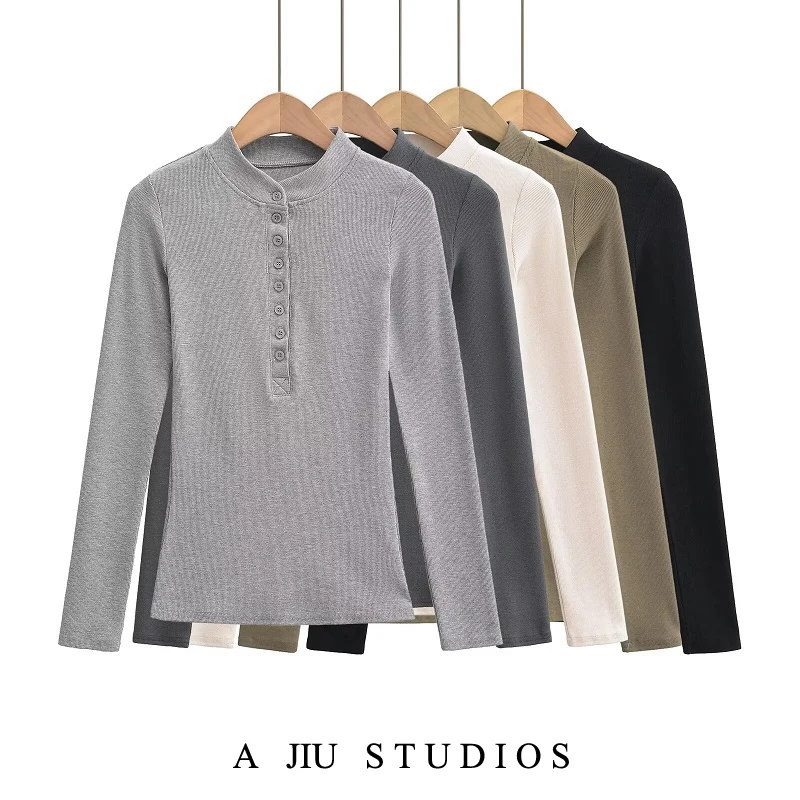 

Женская футболка Slim Fit Long Sve с высоким воротником Base irt Генри Sle, весенняя повседневная модная теплая футболка INS Hot Girl