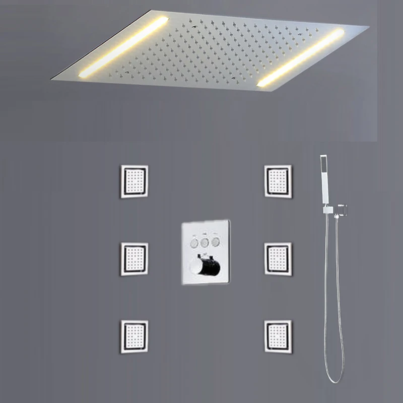 Luxurious Rain Shower System Ceiling Body Jets ShowerHead 500*360mm LED Shower Panel Bathroom Faucets Thermostat Valve Diverter