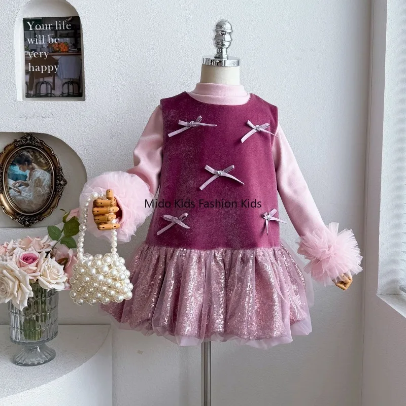 Autumn/Winter Girls' Bow-Adorned Velvet Mesh Patchwork Floral-Bud Pinafore Dress  Fleece-Lined Tulle Sleeves 100-150cm
